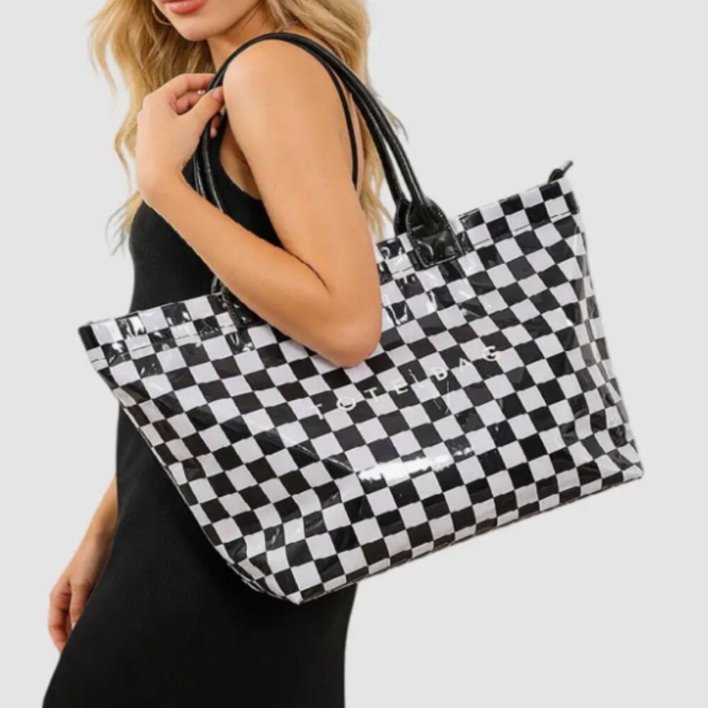 Black & White checkered TOTE BAG handbag shoulder bag brown straps PVC NEW - Picture 2 of 2